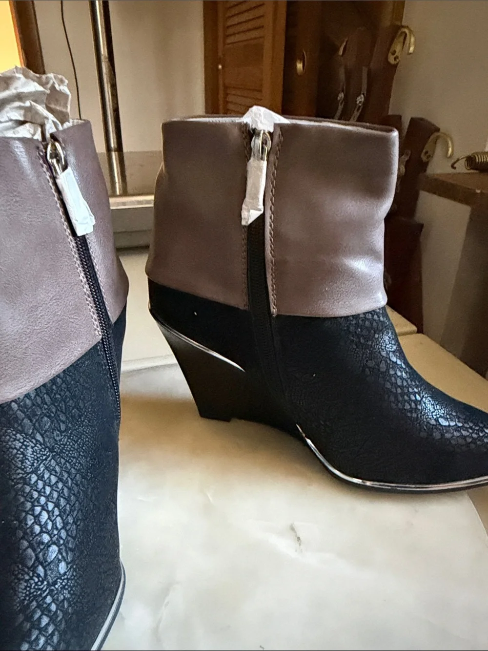 Avon Two-Tone Fold-Over Wedge Ankle Boots - Black and Taupe